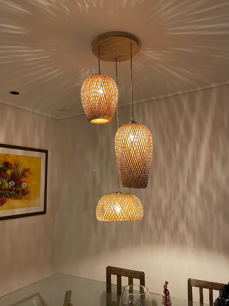 Hand Knitted Bamboo Pendant Lights Weaving Hanging Lamp Garden Restaurant Home Decor Lighting Fixtures